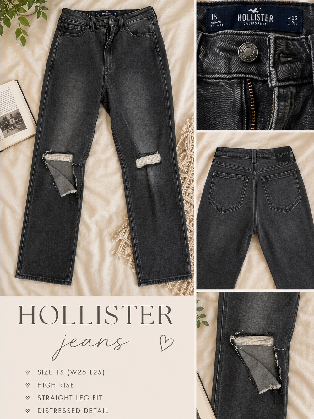 Hollister Woman’s Black Washed Straight-Leg Jeans with Distressed Knees
